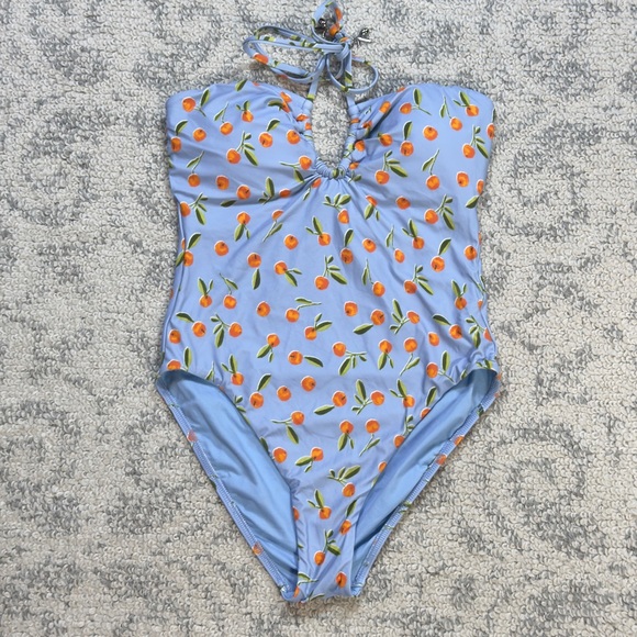 Seafolly Bandeau One Piece‎ Halter Blue w/ Orange Print Size 8 Summer Crush NWT - Picture 2 of 10